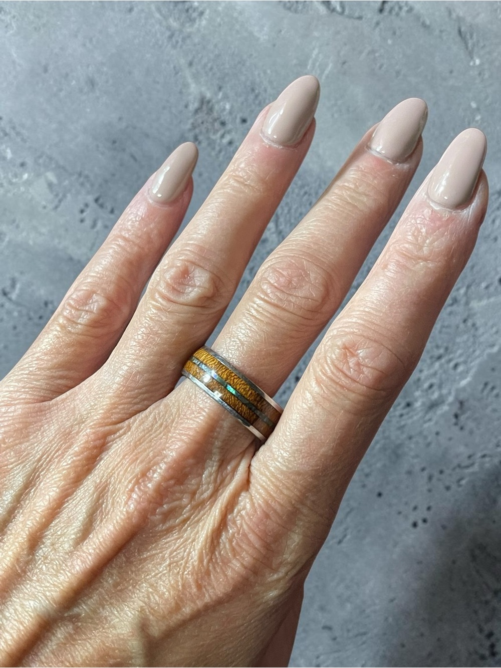 Aloha Hawaiian Koa Wood Abalone Inlay Ring 316L Stainless Steel Size 11